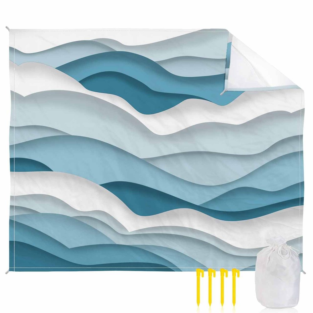 Beach Blanket Waterproof Sandproof Beach Mat,Blue White Gradient Stripe Sea Wave Picnic Blankets with Sand Pockets and Stakes,Modern Minimalist Ocean Art Outdoor Pad for Seaside,Travel 83x79In