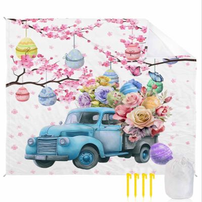 Beach Blanket Waterproof Sandproof Beach Mat,Easter Egg Blue Farm Truck White Picnic Blankets with Sand Pockets and Stakes,Pink Floral Blossom Outdoor Pad for Seaside,Travel,Camping,Hiking 118x108In