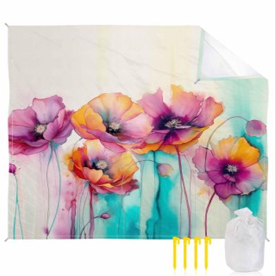 Beach Blanket Waterproof Sandproof Beach Mat,Watercolor Gradient Poppy Flower Blossom Picnic Blankets with Sand Pockets and Stakes,Spring Floral Illustration Outdoor Pad for Seaside,Travel 83x79In