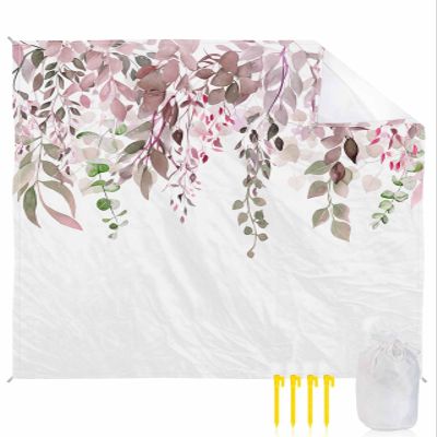 Beach Blanket Waterproof Sandproof Beach Mat,Spring Pink Gradient Eucalyptus Leaves White Picnic Blankets with Sand Pockets and Stakes,Modern Abstract Minimalist Art Outdoor Pad for Seaside 83x79In