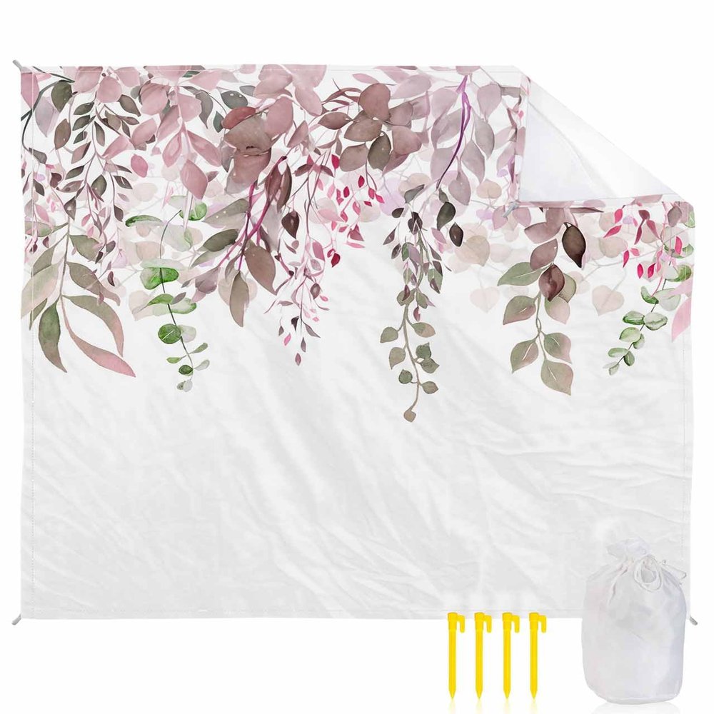 Beach Blanket Waterproof Sandproof Beach Mat,Spring Pink Gradient Eucalyptus Leaves White Picnic Blankets with Sand Pockets and Stakes,Modern Abstract Minimalist Art Outdoor Pad for Seaside 83x79In
