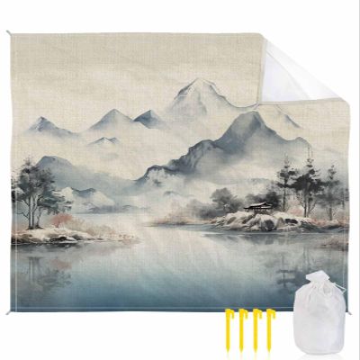 Beach Blanket Waterproof Sandproof Beach Mat,Chinese Retro Landscape Linen Picnic Blankets with Sand Pockets and Stakes,Watercolor Oil Painting Art Outdoor Pad for Seaside,Travel,Camping 118x108In
