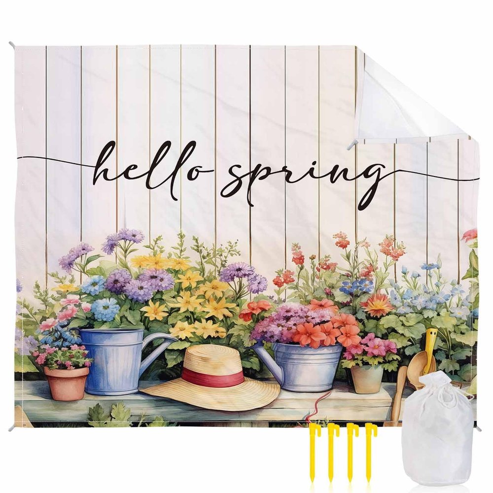 Beach Blanket Waterproof Sandproof Beach Mat,Spring Garden Floral Blossom Picnic Blankets with Sand Pockets and Stakes,Aesthetic Flower Wooden Board Outdoor Pad for Seaside,Travel,Camping 83x79In