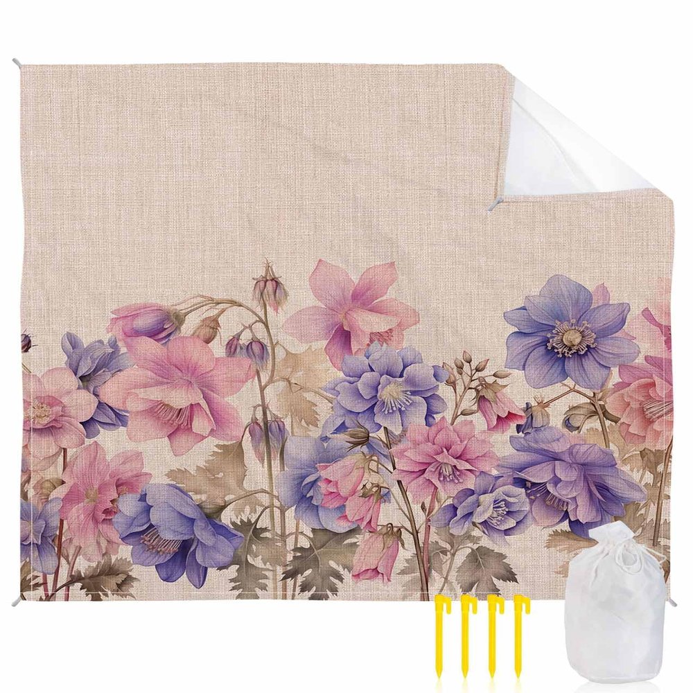 Beach Blanket Waterproof Sandproof Beach Mat,Pastoral Spring Aesthetic Flower Blossom Picnic Blankets with Sand Pockets and Stakes,Farm Flower Retro Linen Outdoor Pad for Seaside,Travel 95x80In