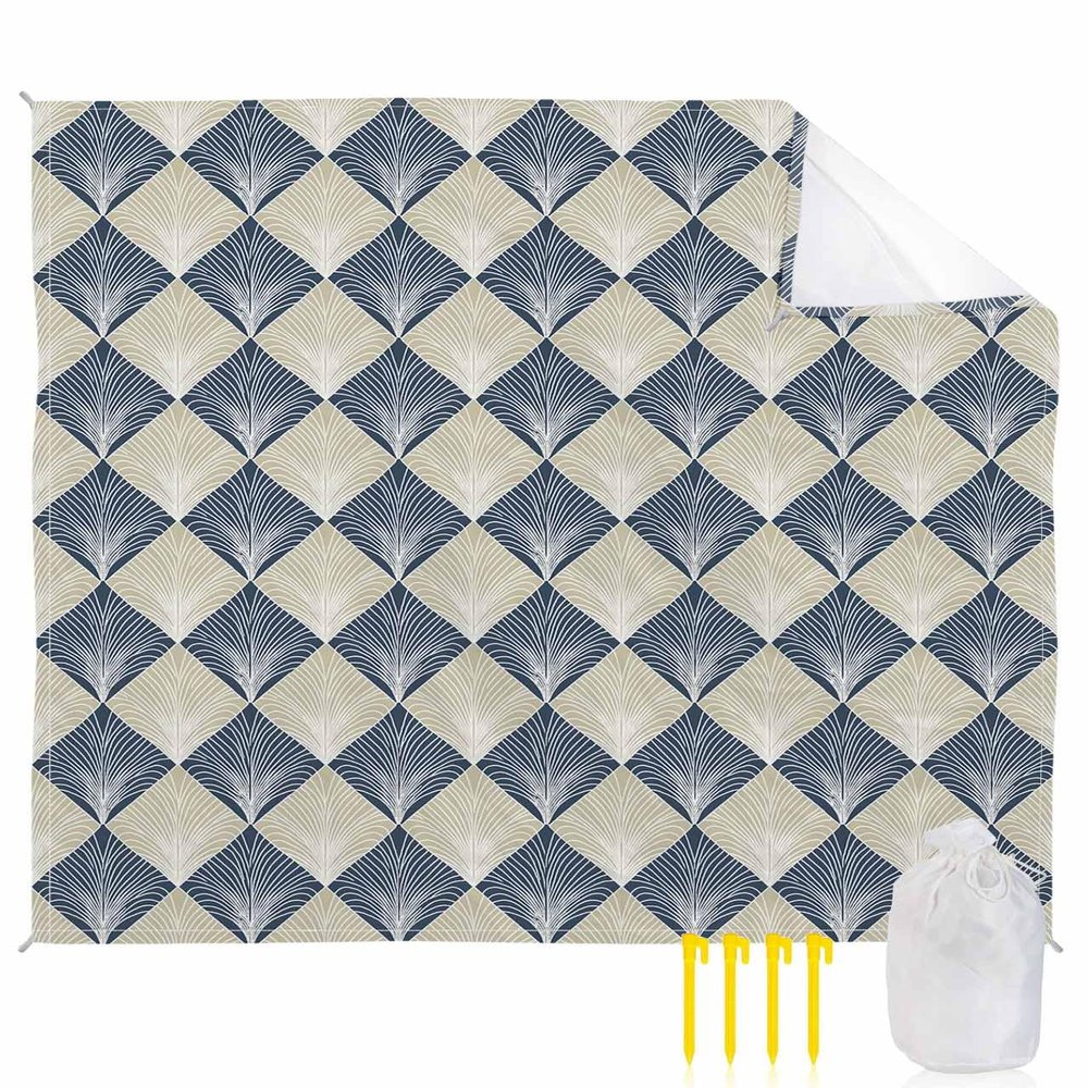 Beach Blanket Waterproof Sandproof Beach Mat,Retro Abstract Botanical Lattice Plaid Picnic Blankets with Sand Pockets and Stakes,Modern Minimalist Floral Art Outdoor Pad for Seaside,Travel 108x84In