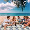 Beach Blanket Waterproof Sandproof Beach Mat,Retro Abstract Botanical Lattice Plaid Picnic Blankets with Sand Pockets and Stakes,Modern Minimalist Floral Art Outdoor Pad for Seaside,Travel 108x84In view 3