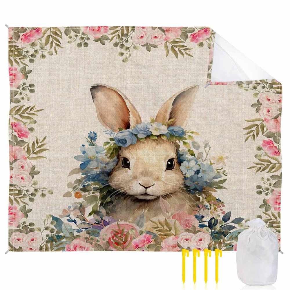 Beach Blanket Waterproof Sandproof Beach Mat,Cute Easter Bunny Flower Retro Linen Picnic Blankets with Sand Pockets and Stakes,Pastoral Botanical Rabbit Outdoor Pad for Seaside,Travel 118x108In