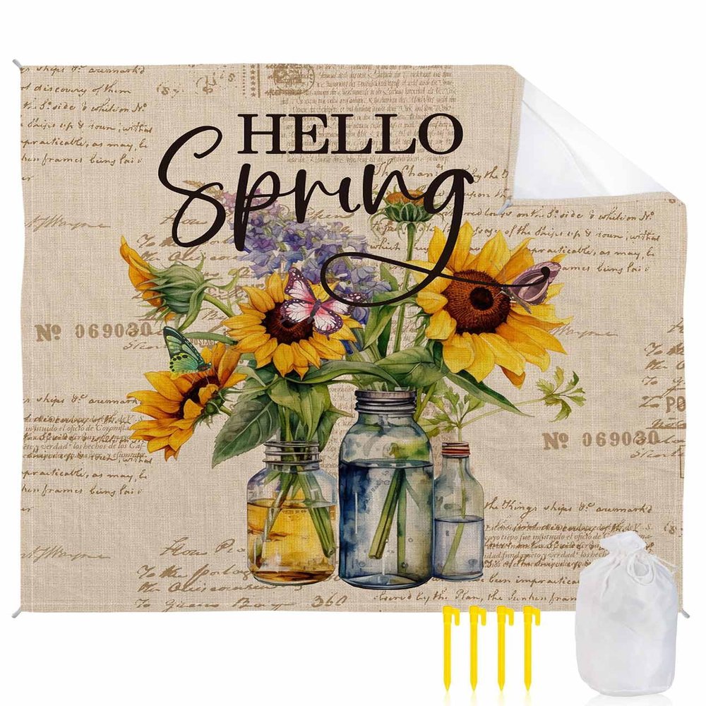 Beach Blanket Waterproof Sandproof Beach Mat,Spring Sunflower Bottle Retro Linen Picnic Blankets with Sand Pockets and Stakes,Lavender Letter Postmark Back Outdoor Pad for Seaside,Travel 118x108In