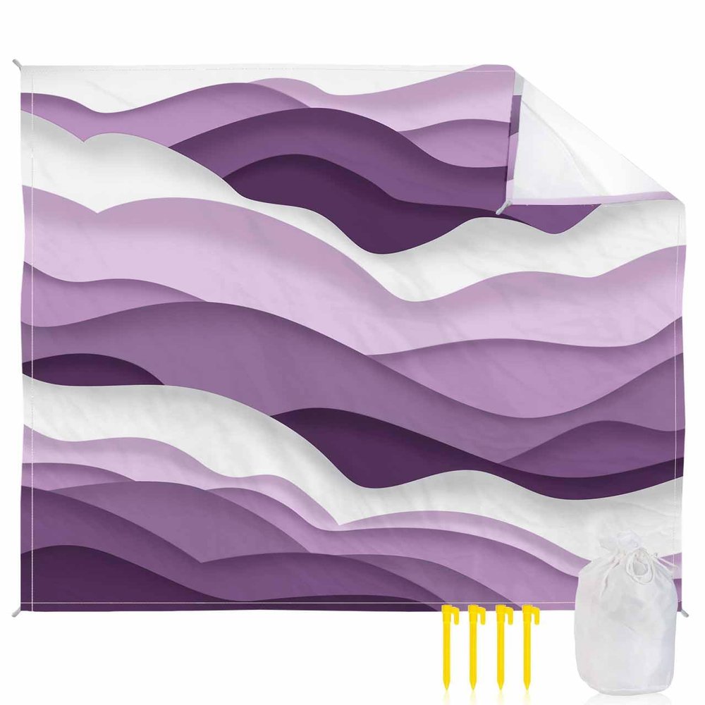 Beach Blanket Waterproof Sandproof Beach Mat,Purple Abstract Sea Wave Stripe Picnic Blankets with Sand Pockets and Stakes,Modern Abstract Minimalist Ocean Art Outdoor Pad for Seaside,Travel 83x79In