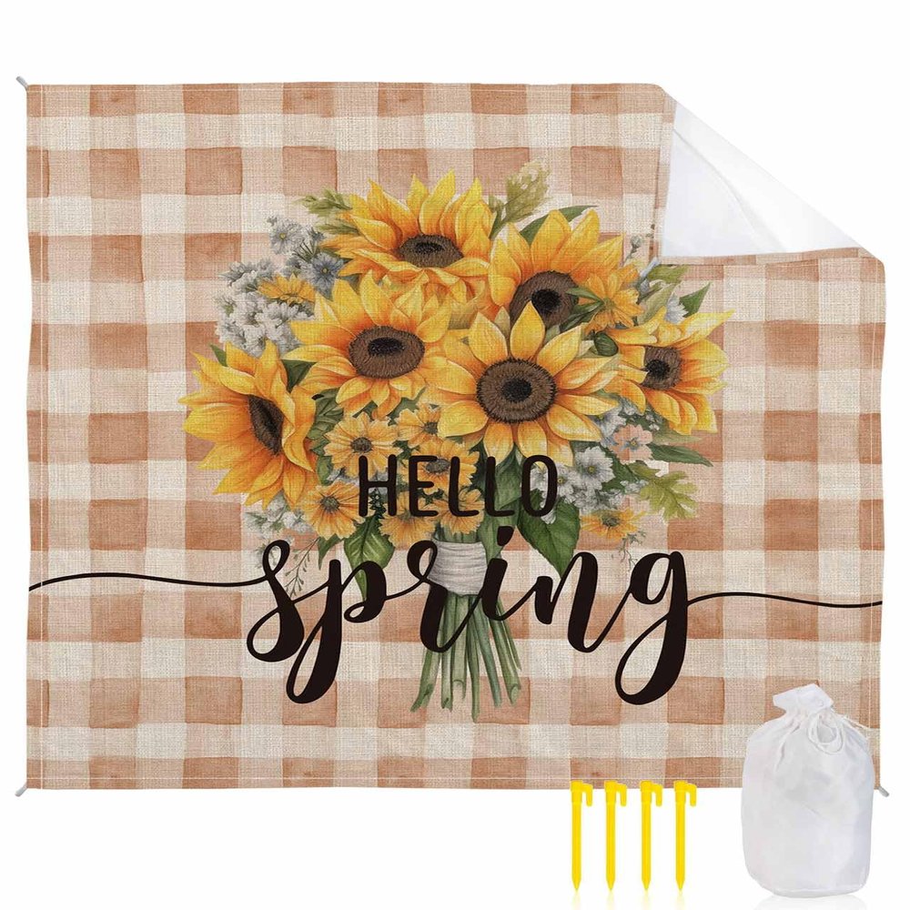 Beach Blanket Waterproof Sandproof Beach Mat,Spring Sunflower Retro Yellow Flower Picnic Blankets with Sand Pockets and Stakes,Floral Blossom Buffalo Plaid Outdoor Pad for Seaside,Travel 118x108In