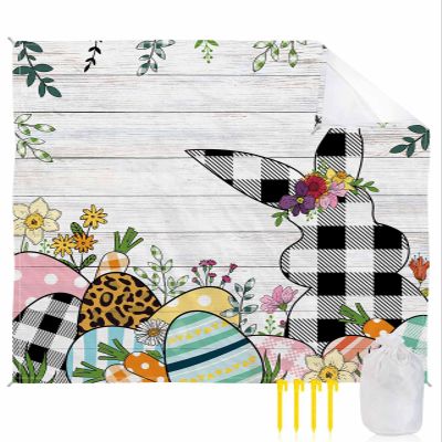 Beach Blanket Waterproof Sandproof Beach Mat,Easter Bunny Black White Silhouette Picnic Blankets with Sand Pockets and Stakes,Egg Floral Farm Wood Board Outdoor Pad for Seaside,Travel 108x84In