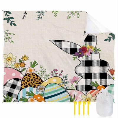 Beach Blanket Waterproof Sandproof Beach Mat,Black White Buffalo Plaid Easter Bunny Egg Picnic Blankets with Sand Pockets and Stakes,Botanical Retro Linen Outdoor Pad for Seaside,Travel 83x79In