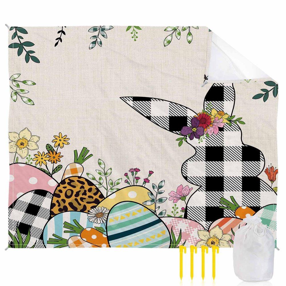 Beach Blanket Waterproof Sandproof Beach Mat,Black White Buffalo Plaid Easter Bunny Egg Picnic Blankets with Sand Pockets and Stakes,Botanical Retro Linen Outdoor Pad for Seaside,Travel 83x79In
