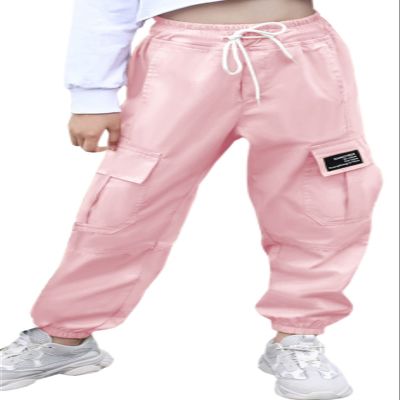 SANGTREE Girls Cargo Pants Drawstring Elastic Waist Loose Tapered Multi Pockets Cargo Jogger Pants for Girl,Light Pink,6-7 Years Little Kid = Tag 130