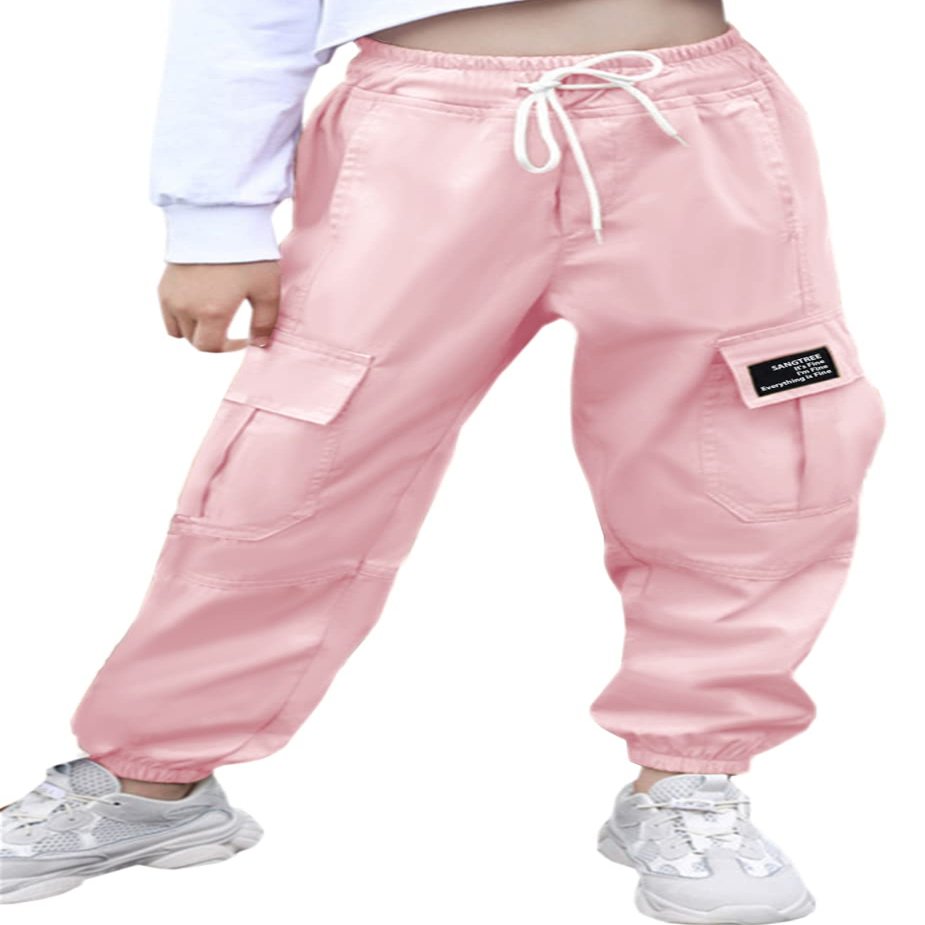 SANGTREE Girls Cargo Pants Drawstring Elastic Waist Loose Tapered Multi Pockets Cargo Jogger Pants for Girl,Light Pink,6-7 Years Little Kid = Tag 130
