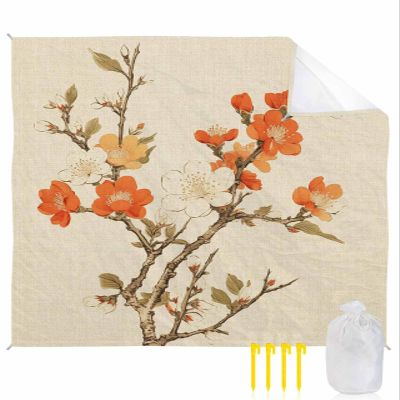 Beach Blanket Waterproof Sandproof Beach Mat,Retro Watercolor Plum Blossom Linen Picnic Blankets with Sand Pockets and Stakes,Vintage Botanical Oil Painting Art Outdoor Pad for Seaside 108x84In