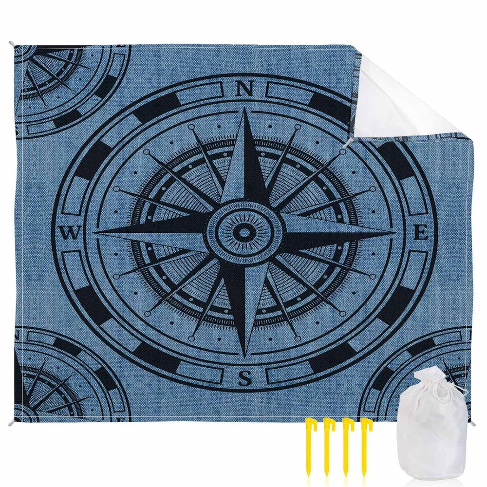 Beach Blanket Waterproof Sandproof Beach Mat,Retro Navy Compass Retro Linen Picnic Blankets with Sand Pockets and Stakes,Coastal Ocean Nautical Style Outdoor Pad for Seaside,Travel,Camping 118x108In