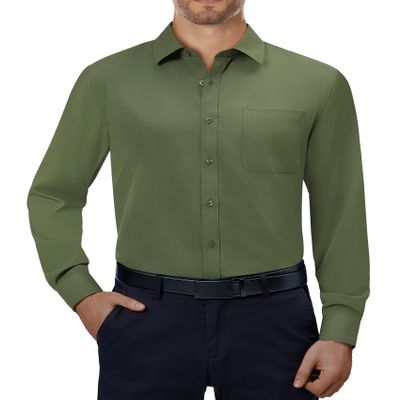 Alimens & Gentle Mens Dress Shirts 4-Way Stretch Long Sleeve Collared Casual Solid Wedding Dating Button Down Shirt Olive Green