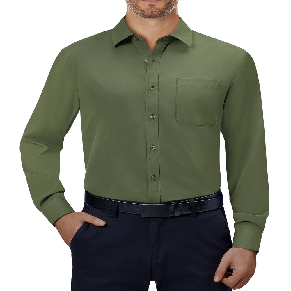 Alimens & Gentle Mens Dress Shirts 4-Way Stretch Long Sleeve Collared Casual Solid Wedding Dating Button Down Shirt Olive Green