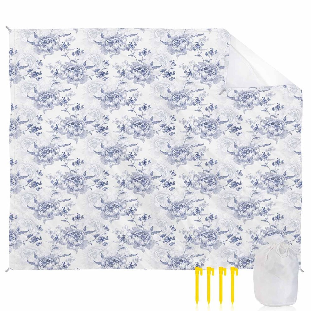 Beach Blanket Waterproof Sandproof Beach Mat,Spring Watercolor Flower Blossom Picnic Blankets with Sand Pockets and Stakes,Pastoral Botanical Illustration Outdoor Pad for Seaside,Travel 83x79In