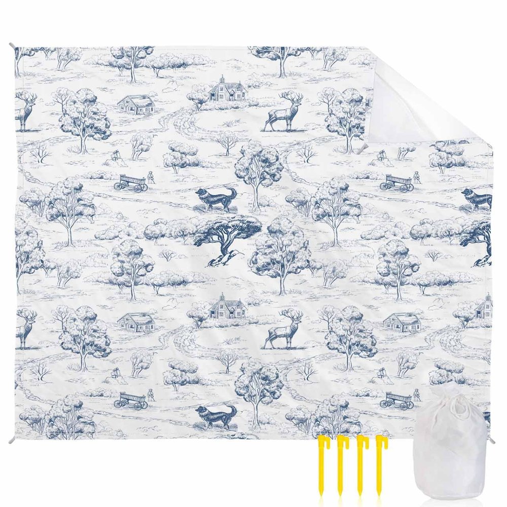 Beach Blanket Waterproof Sandproof Beach Mat,Country Animal Farmhouse Tree Picnic Blankets with Sand Pockets and Stakes,American Rural Blue Line Draft Outdoor Pad for Seaside,Travel,Camping 108x84In