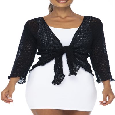 Back From Bali Womens 100% Cotton Shrug Black Tie Front Cardigan Lightweight Soft Knit 3/4 Sleeve Open Front Sweater S/M