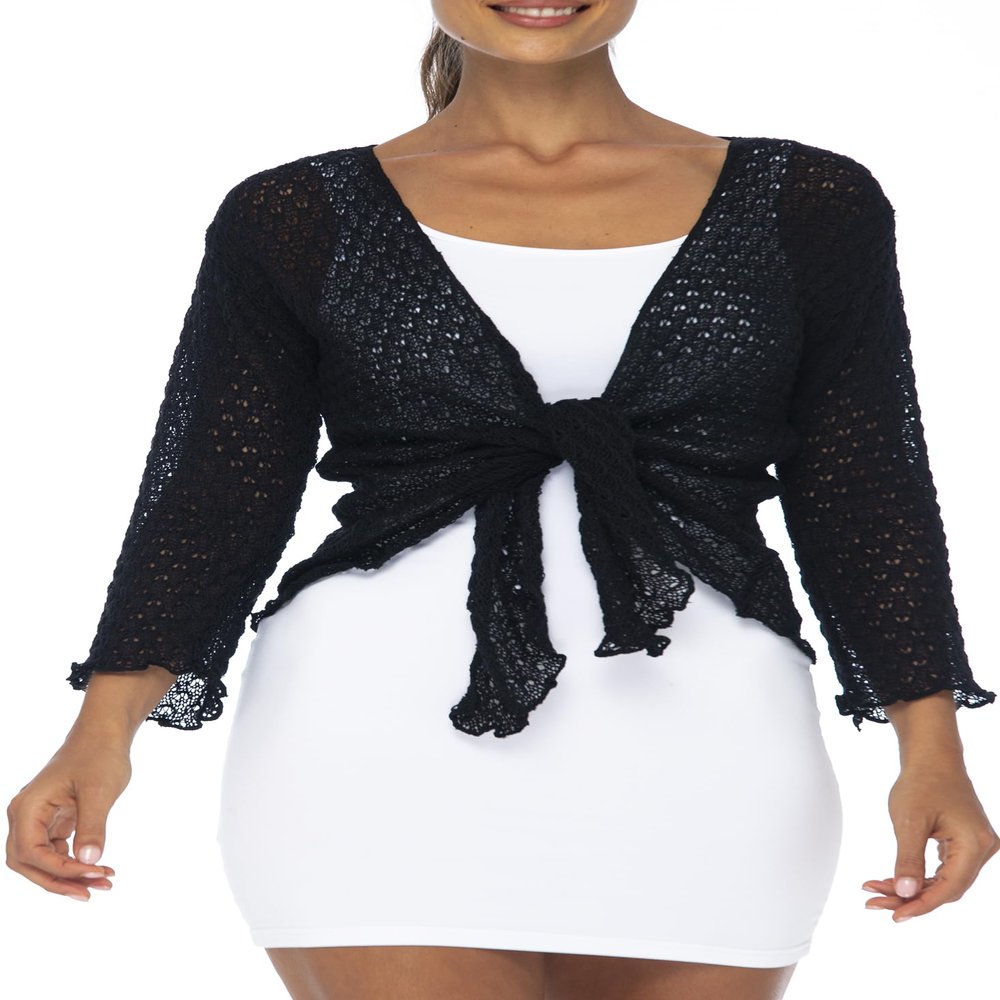 Back From Bali Womens 100% Cotton Shrug Black Tie Front Cardigan Lightweight Soft Knit 3/4 Sleeve Open Front Sweater S/M