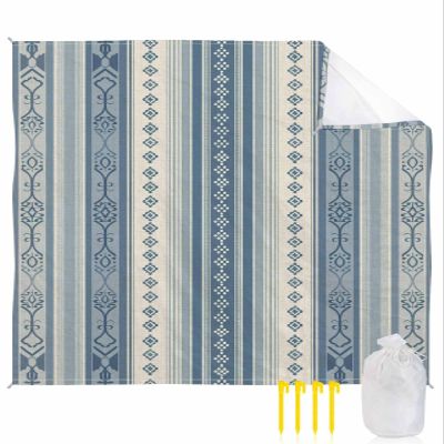 Beach Blanket Waterproof Sandproof Beach Mat,Retro Blue Stripe Abstract Floral Picnic Blankets with Sand Pockets and Stakes,Boho Line Tribal Totem Linen Outdoor Pad for Seaside,Travel 118x108In