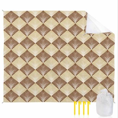 Beach Blanket Waterproof Sandproof Beach Mat,Retro Brown Abstract Flower Plaid Picnic Blankets with Sand Pockets and Stakes,Modern Minimalist Botanical Art Outdoor Pad for Seaside,Travel 108x84In