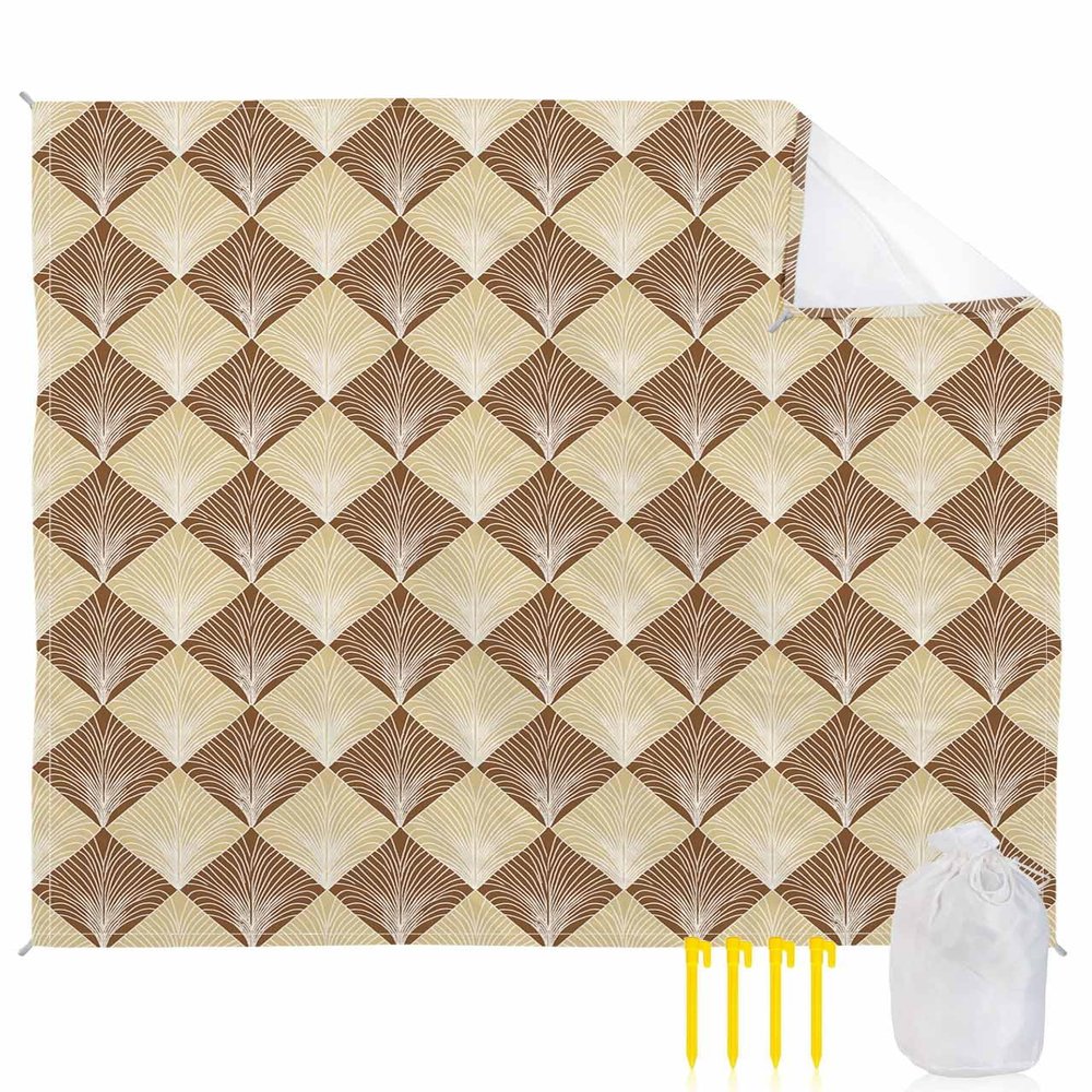 Beach Blanket Waterproof Sandproof Beach Mat,Retro Brown Abstract Flower Plaid Picnic Blankets with Sand Pockets and Stakes,Modern Minimalist Botanical Art Outdoor Pad for Seaside,Travel 108x84In