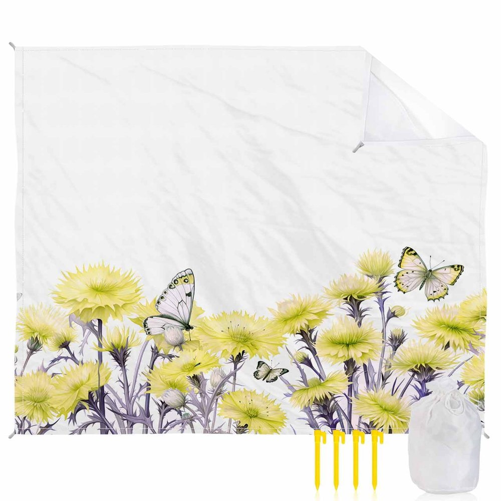 Beach Blanket Waterproof Sandproof Beach Mat,Spring Pastoral Yellow Flower Blossom Butterfly Picnic Blankets with Sand Pockets and Stakes,Farm Botanical Outdoor Pad for Seaside,Travel 118x108In