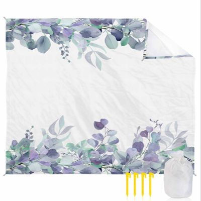 Beach Blanket Waterproof Sandproof Beach Mat,Spring Gradient Eucalyptus Leaves White Picnic Blankets with Sand Pockets and Stakes,Aesthetic Botanical Outdoor Pad for Seaside,Travel,Camping 108x84In