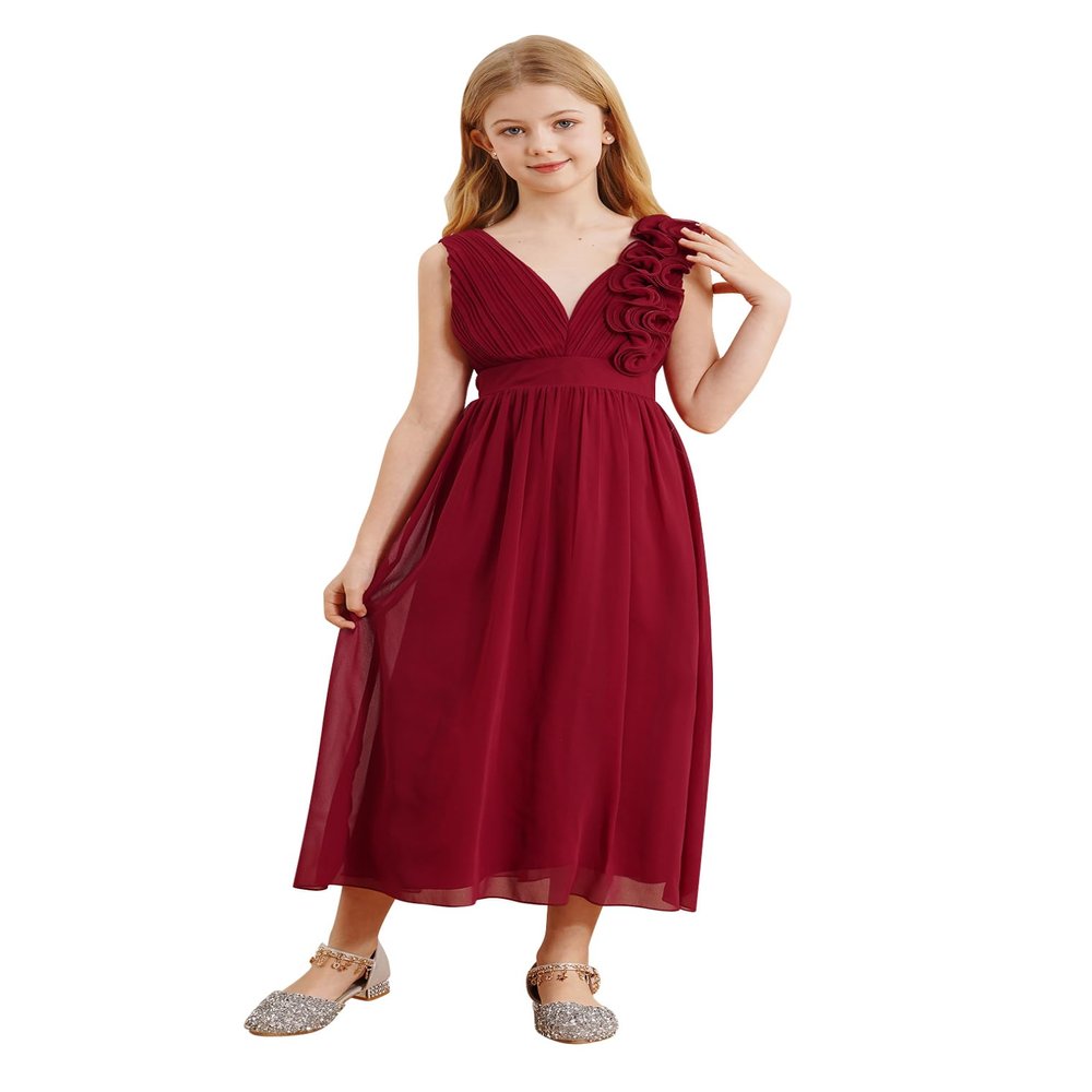 Hularka Kids Girls Sleeveless Chiffon Wedding Party Dress V Neck Ruched Flower Girl Dress Proms Ball Gown Burgundy 8 Years