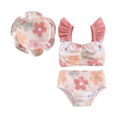 Toddler Baby Girl Fly Sleeve Swimsuit Infant Bathing Suit Swimwear 3 Piece Set Summer Clothes Outfit (Colorful Flower, 18-24 Months)