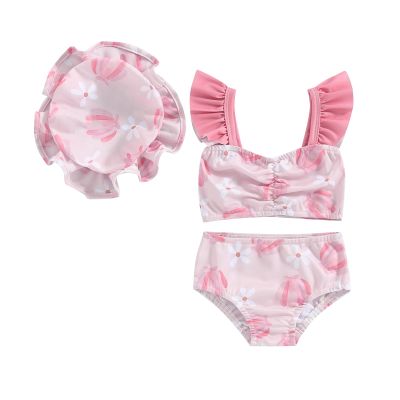 Toddler Baby Girl Fly Sleeve Swimsuit Infant Bathing Suit Swimwear 3 Piece Set Summer Clothes Outfit (Pink Flower, 6-12 Months)