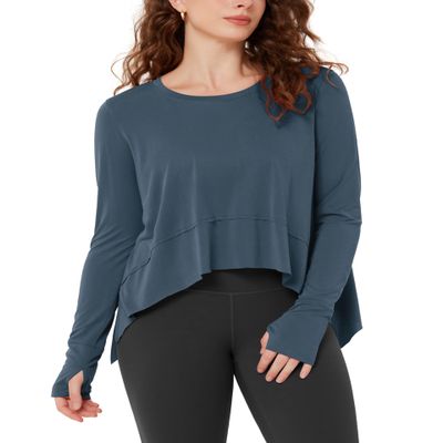 ODODOS Long Sleeve Tee for Women with Thumb Hole Athletic Gym Workout Crop Tops Yoga Shirts, Dark Blue, X-Large