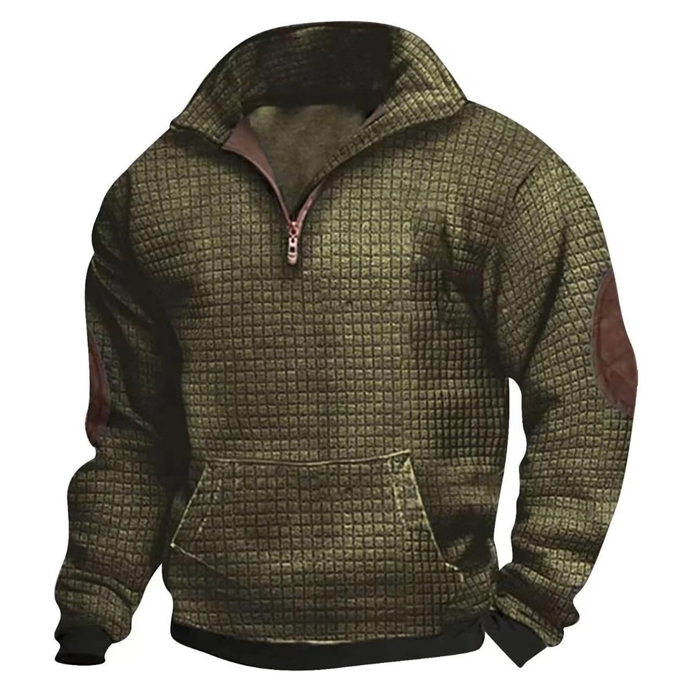 Mens Casual Sweatshirts Quarter Zip Polo Collar Waffle Thermal Vintage Sports Tops Hoodless Outdoor Hiking Pullover Tops with Pocket