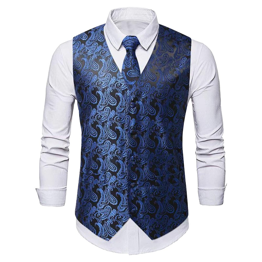 DGHM-JLMY Men's Vest Tie Set 3PC Paisley Floral Formal Waistcoat Square Vests for Suit Tuxedo Wedding (X-Large,Blue)