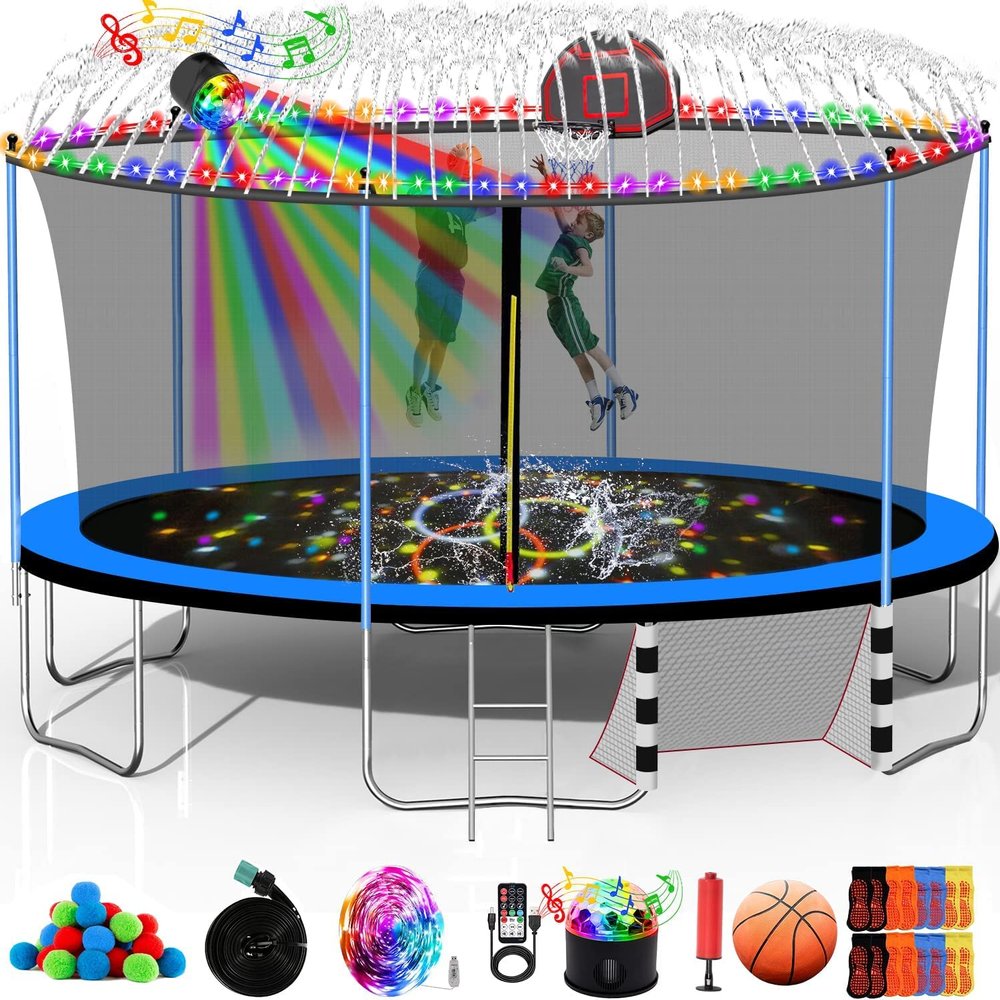 Maotifeys 1500LBS 10FT 12FT 14FT 15FT 16FT Tranpoline for Kids Adults with Sprinkler, Lights with Music Speaker, Socks, Water Ball, Heavy Duty with Basketball Hoop, Enclosure Net, Ladder, 16 FT Blue