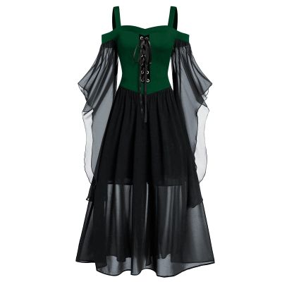 FRMUIC Women Witch Dress Halloween Costumes Woman 2026 Renaissance Medieval Vampire Butterfly Sleeve Mesh Gothic Outfit (Green,M) CF1