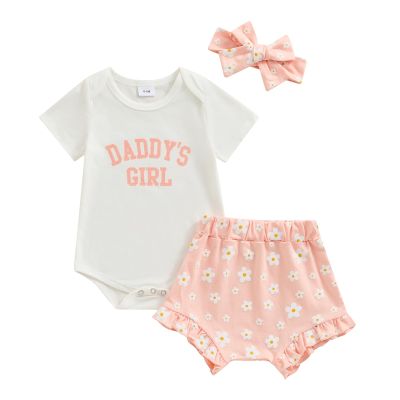 FIOMVA Baby Girl Summer Clothes Cotton Onesie Letter Romper+Bloomer Shorts+Headband 3Piece Shorts Set Newborn Infant Outfit (Pink Daddy's Girl, 12-18 Months)