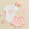FIOMVA Baby Girl Summer Clothes Cotton Onesie Letter Romper+Bloomer Shorts+Headband 3Piece Shorts Set Newborn Infant Outfit (Pink Daddy's Girl, 12-18 Months) view 2