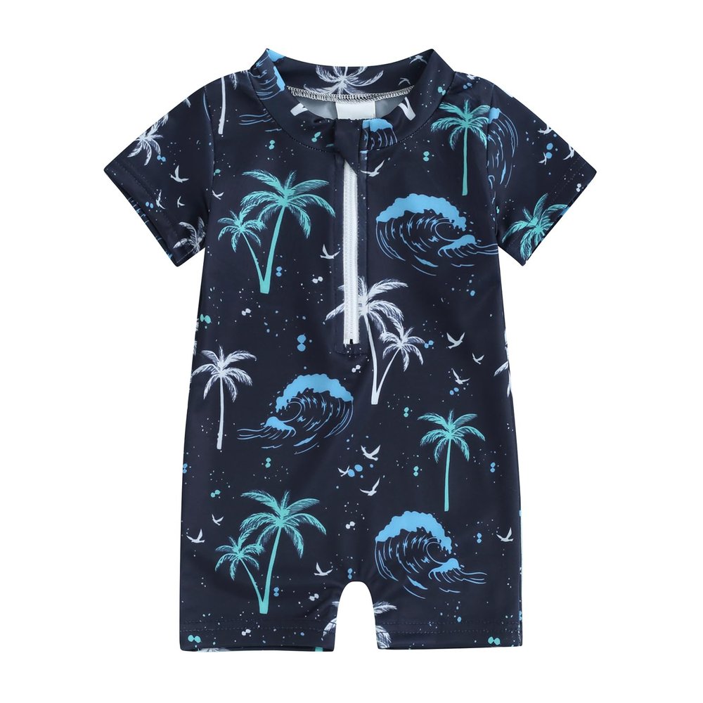 Hnyenmcko Infant Baby Boy Girls Rash Guard Swimsuit Short Sleeve Zipper Bathing Suit Toddler One Piece Swimwear Sunsuit (Cocoanut-Blue 02, 6-12 Months)
