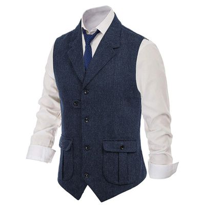 DGHM-JLMY Mens Retro Herringbone Tweed Suit Vest Slim Fit Business Waistcoat Western Wool Regular Fit Dress Waistcoat (Medium,Navy Blue)