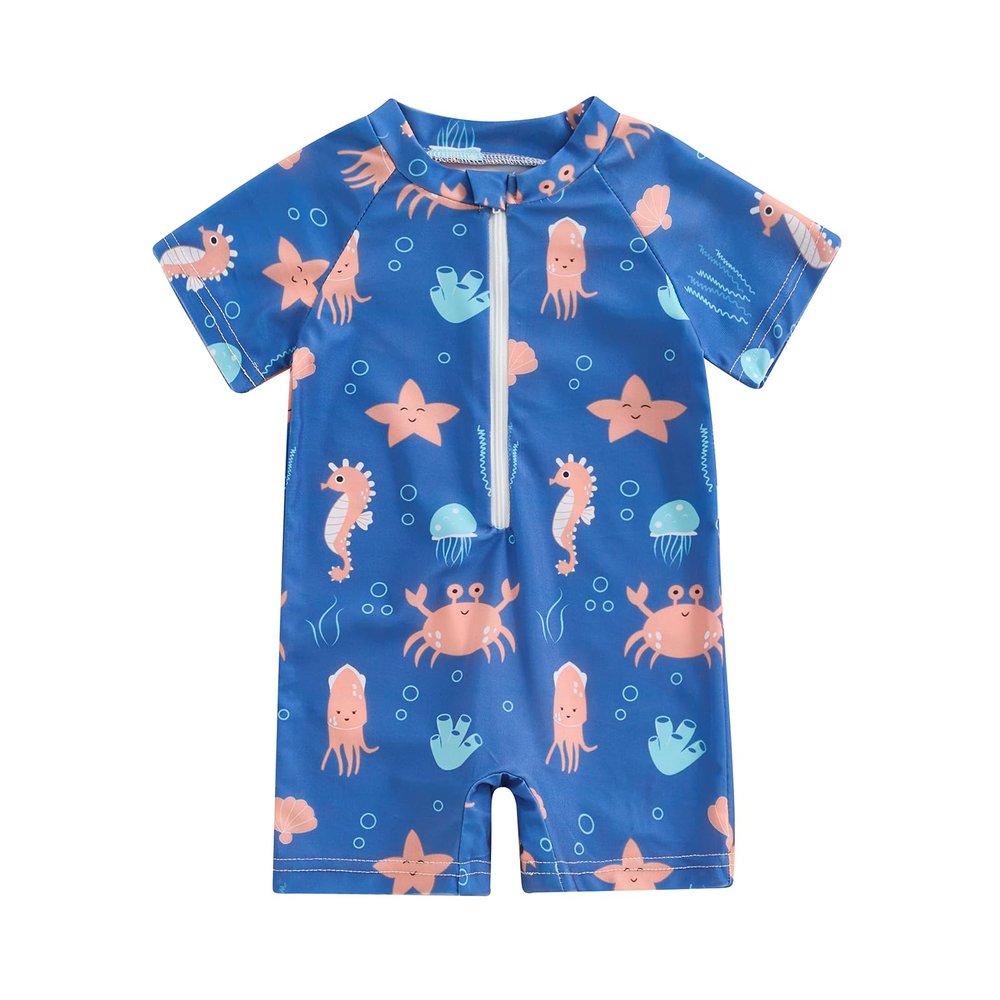 Hnyenmcko Infant Baby Boy Girls Rash Guard Swimsuit Short Sleeve Zipper Bathing Suit Toddler One Piece Swimwear Sunsuit (D-Blue, 18-24 Months)