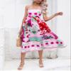 chouyatou Women's Retro Bohemian Floral Back Smocked Spaghetti Strap A-Line Flowy Swing Midi Long Dress (Small, Red) view 2