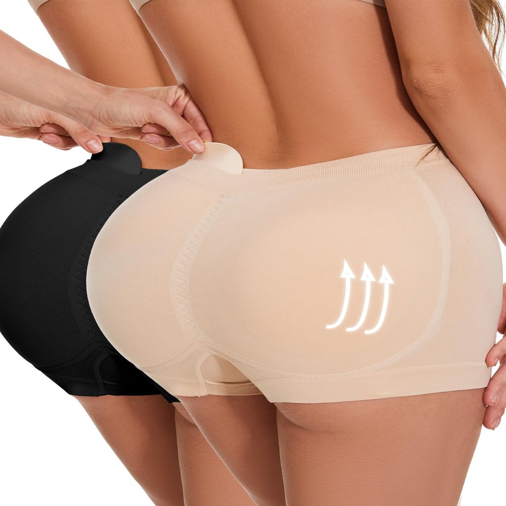 Zimi Collection 2pack Hip Enahncer Body Shaper Boyshort Underwear Butt Lifter Panties Underwear for Women with Removable Pads Black+Skin 2XL