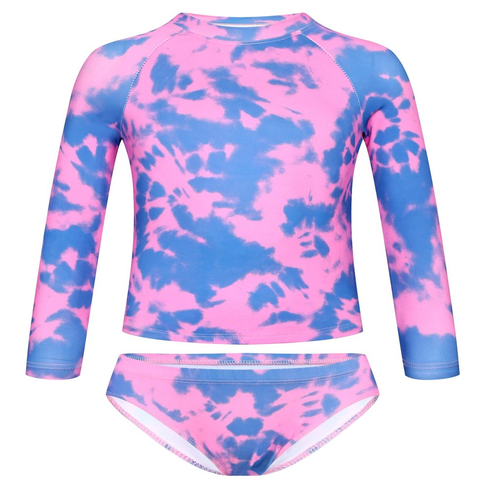 Girls Bathing Suits Long Sleeve Swimsuit Size 7-8 Years Old Pink Blue Tie Dye Stylish Rash Guard Swimwear