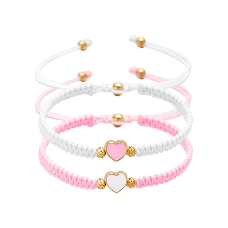 2Pcs Colorful Heart Beaded Matching Bracelets Love Heart String Rope Bracelet for Couple-pink+white, 1