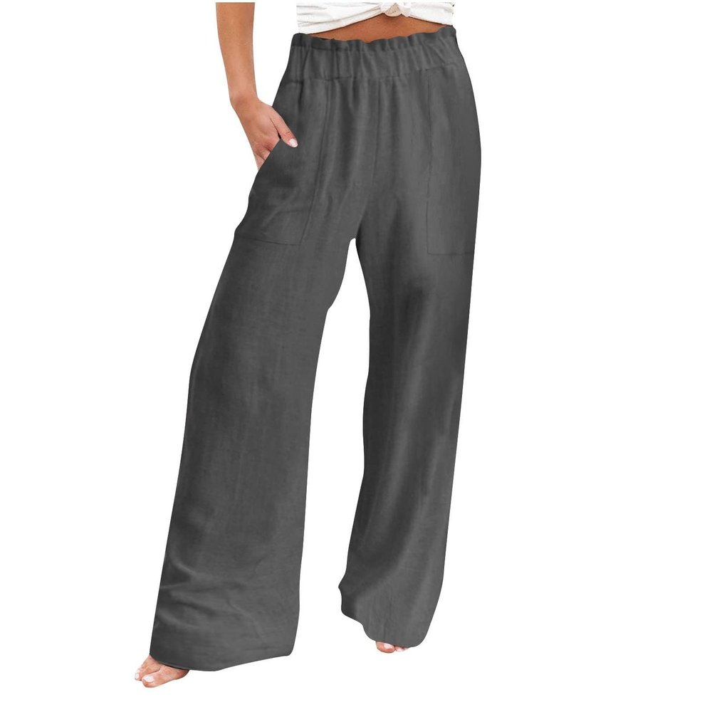 Basysin Linen Pants Women 2024 Summer Casual Wide Leg Pant Smocked High Waisted Palazzo Beach Pants Sweatpants with Pockets 05-Gray X-Large